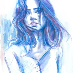 Illustration aux crayons aquarellables dans les tons de bleues