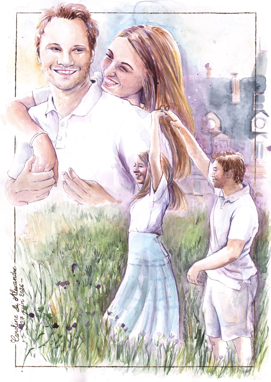 Scan du portrait de mariage personnalisé à l’aquarelle représentant un couple dans un paysage fleuri