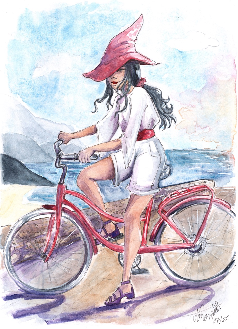 Illustration à l’aquarelle d’une sorcière à vélo, par Manon Spatola à Perpignan