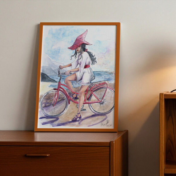 Reproduction fine art A4 Summer Witch encadrée, illustration aquarelle d’une sorcière d’été à vélo