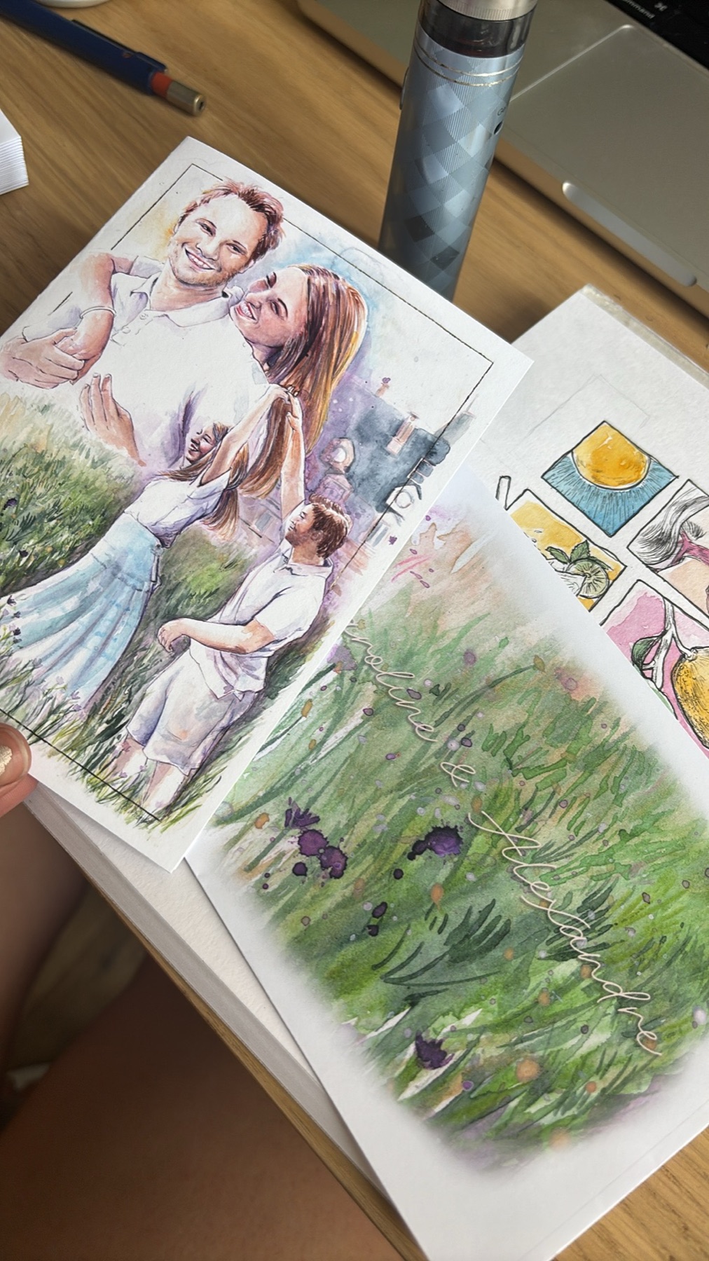 Portrait de mariage à l’aquarelle accompagné de sa petite carte pour écrire un message