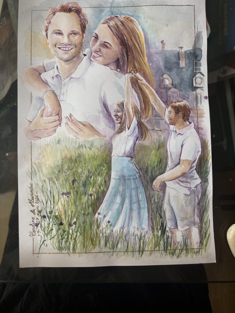 Portrait de mariage personnalisé à l’aquarelle et à la dorure