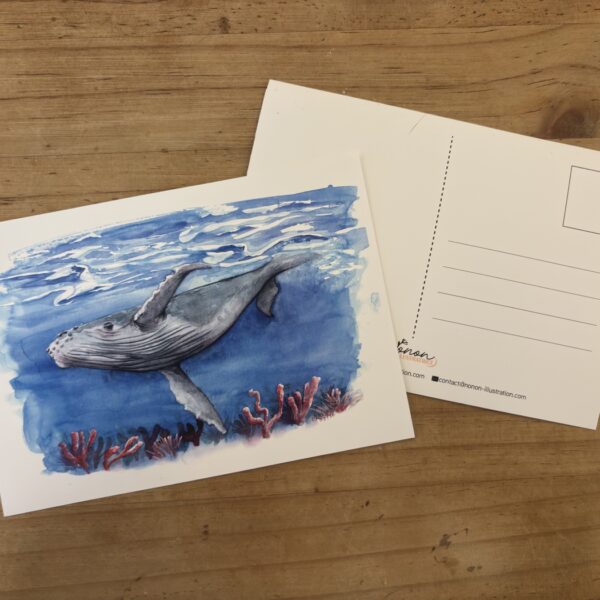 Carte postale aquarelle représentant une baleine à bosse dans l’océan
