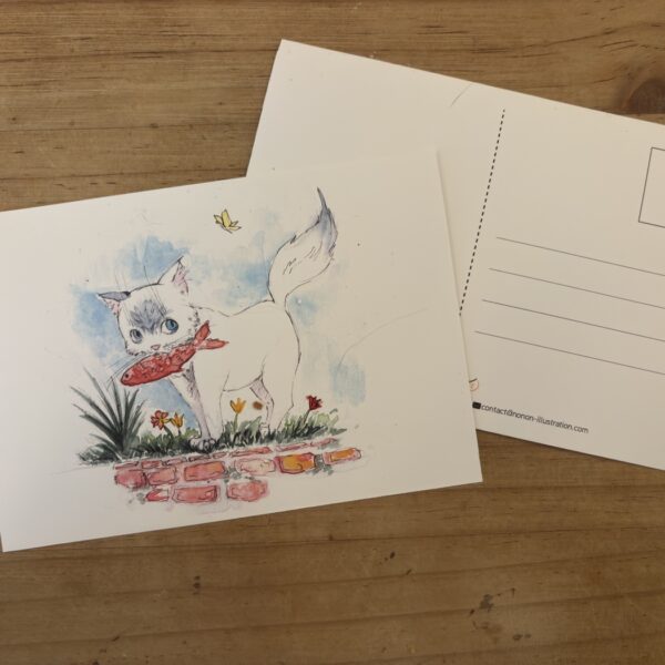 Carte postale illustrée avec un chat blanc et un poisson rouge
