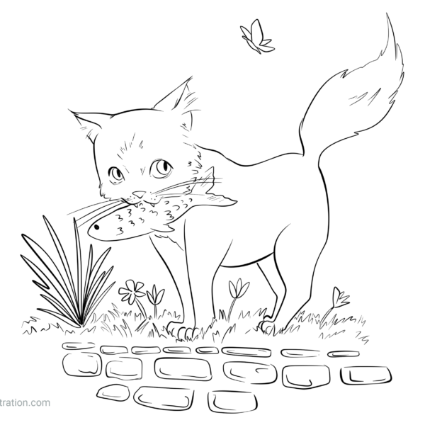 Coloriage gratuit d’un chat tenant un poisson dans sa gueule à imprimer au format A4