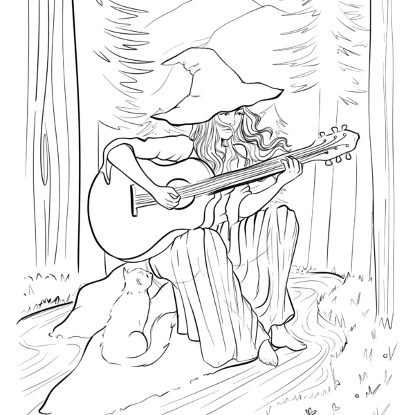 Coloriage gratuit d’une sorcière jouant de la guitare dans la forêt avec son chat